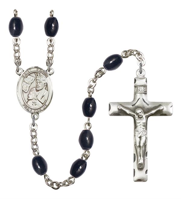 St. Edwin Rosary, 8x6mm Black Onyx Beads, Silver Plate, # 13684