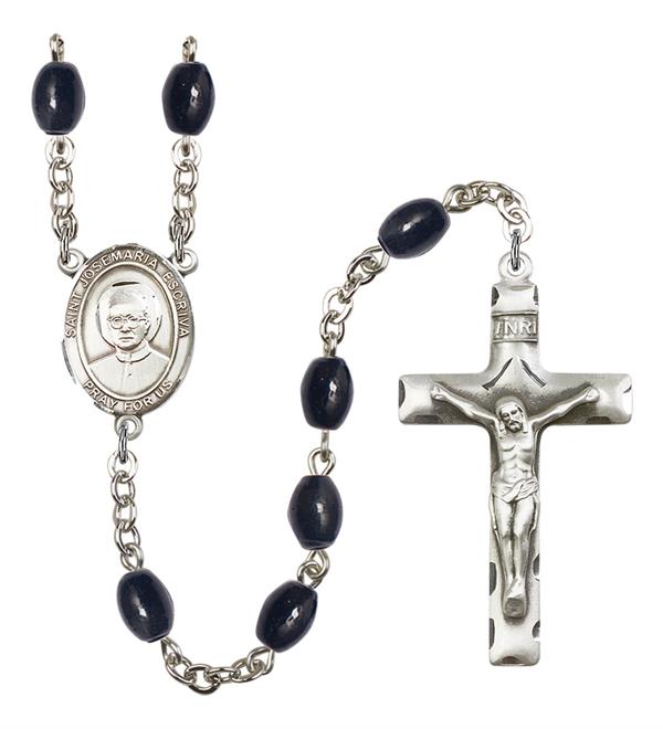 St. Josemaria Escriva Rosary, 8x6mm Black Onyx Beads, Silver Plate, # 13685