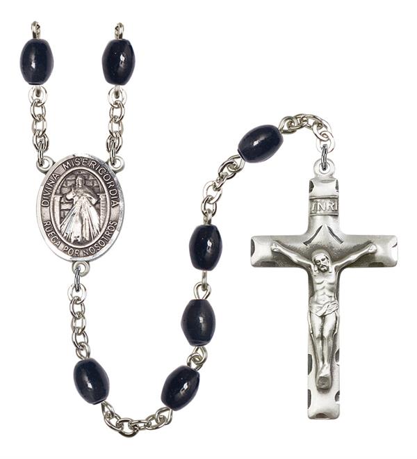 Divina Misericordia Spanish Rosary, 8x6mm Black Onyx Beads, Silver Plate, # 13690