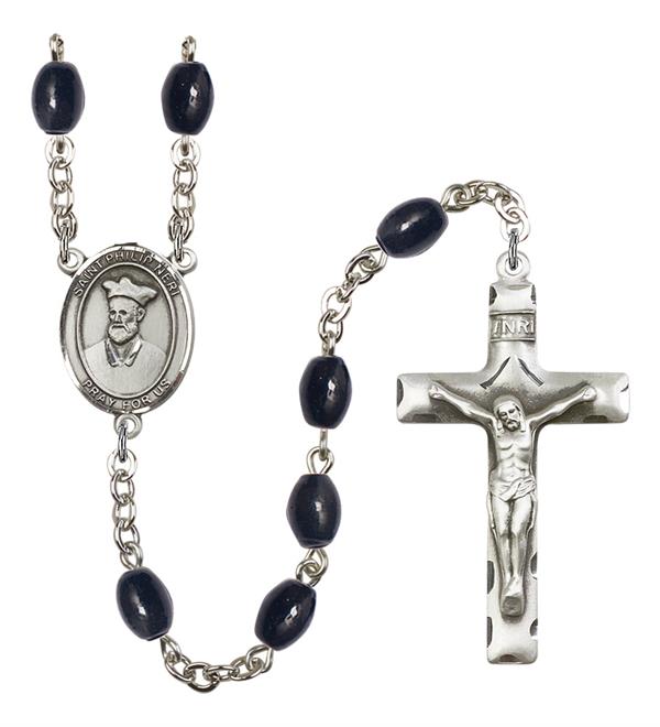 St. Philip Neri Rosary, 8x6mm Black Onyx Beads, Silver Plate, # 13693
