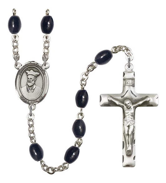 St. Philip Neri Rosary, 8x6mm Black Onyx Beads, Silver Plate, # 13693