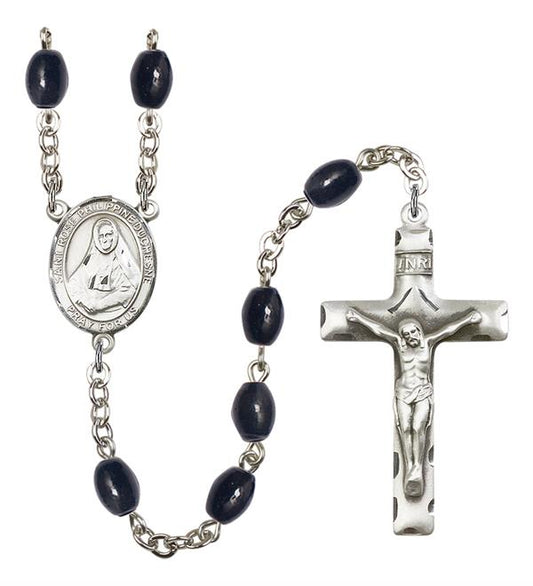 St. Rose Philippine Duchesne Rosary, 8x6mm Black Onyx Beads, Silver Plate, # 13695