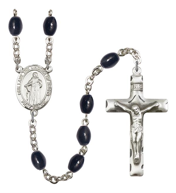 Our Lady Undoer of Knots Rosary, 8x6mm Black Onyx Beads, Silver Plate, # 13710