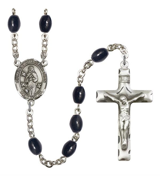 Our Lady of the Assumption Rosary, 8x6mm Black Onyx Beads, Silver Plate, # 13715