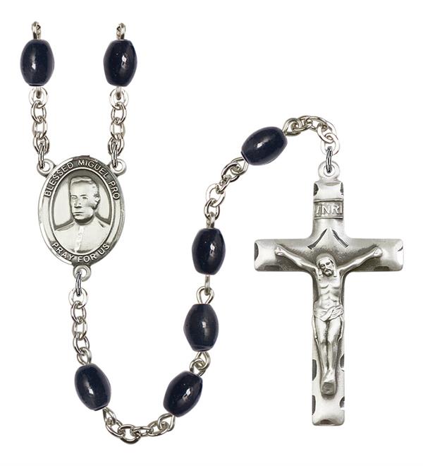 Blessed Miguel Pro Rosary, 8x6mm Black Onyx Beads, Silver Plate, # 13716