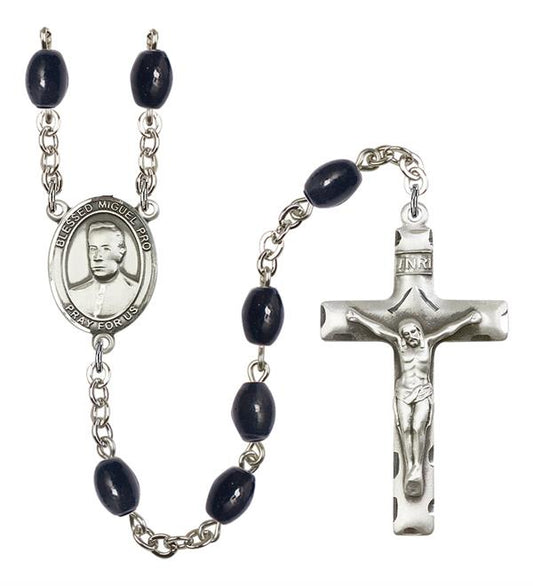 Blessed Miguel Pro Rosary, 8x6mm Black Onyx Beads, Silver Plate, # 13716