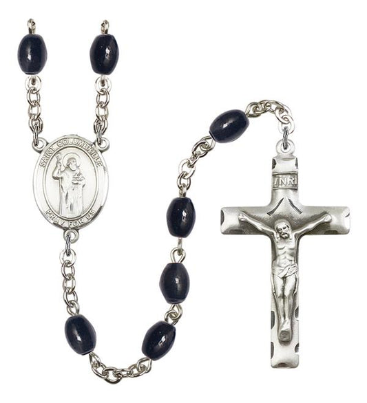 St. Columbkille Rosary, 8x6mm Black Onyx Beads, Silver Plate, # 13726