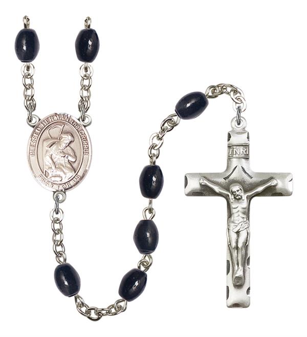 Blessed Herman the Cripple Rosary, 8x6mm Black Onyx Beads, Silver Plate, # 13733