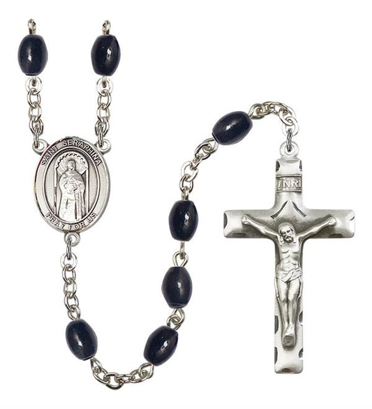 St. Seraphina Rosary, 8x6mm Black Onyx Beads, Silver Plate, # 13735