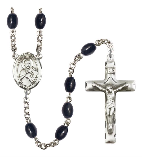 St. Viator of Bergamo Rosary, 8x6mm Black Onyx Beads, Silver Plate, # 13738