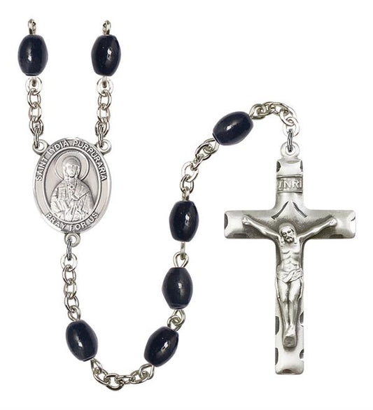 St. Lydia Purpuraria Rosary, 8x6mm Black Onyx Beads, Silver Plate, # 13741