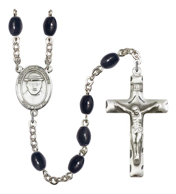 St. Damien of Molokai Rosary, 8x6mm Black Onyx Beads, Silver Plate, # 13742