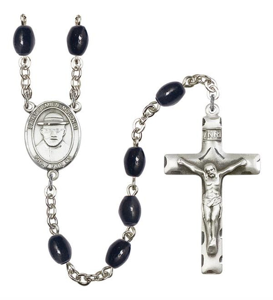 St. Damien of Molokai Rosary, 8x6mm Black Onyx Beads, Silver Plate, # 13742