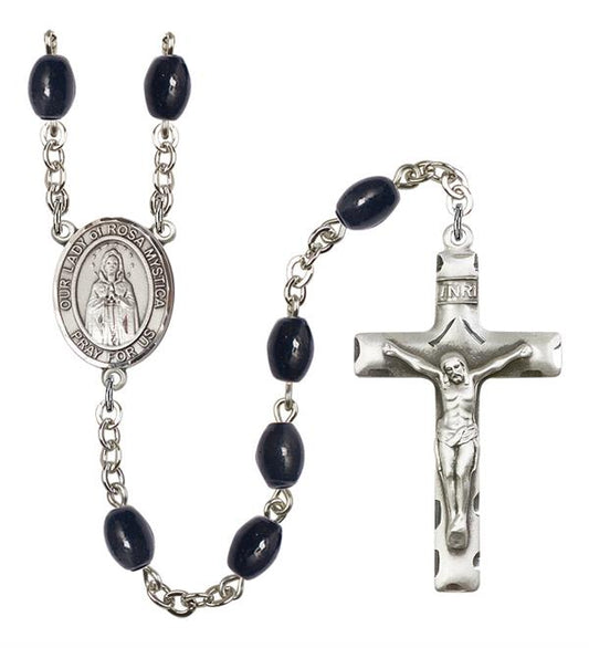Our Lady of Rosa Mystica Rosary, 8x6mm Black Onyx Beads, Silver Plate, # 13743