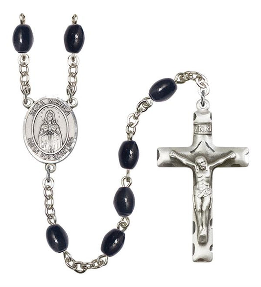 Our Lady of Rosa Mystica Spanish Rosary, 8x6mm Black Onyx Beads, Silver Plate, # 13744