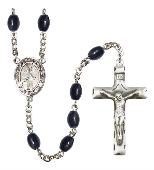 St. Anthony Mary Claret Rosary, 8x6mm Black Onyx Beads, Silver Plate, # 13747