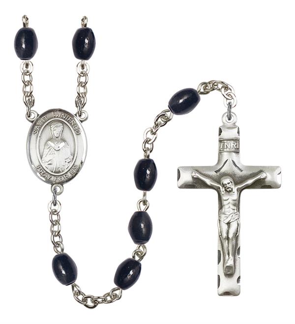 St. Winifred of Wales Rosary, 8x6mm Black Onyx Beads, Silver Plate, # 13750