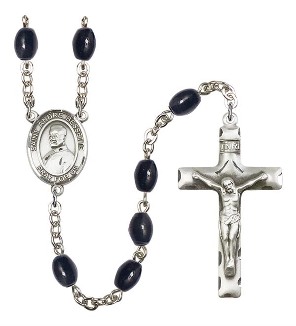 St. Andre Bessette Rosary, 8x6mm Black Onyx Beads, Silver Plate, # 13755