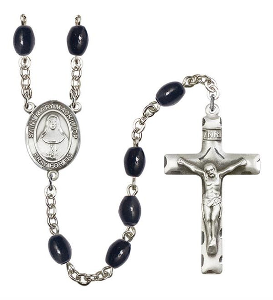 St. Mary Mackillop Rosary, 8x6mm Black Onyx Beads, Silver Plate, # 13756