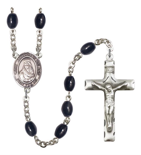 St. Jadwiga of Poland Rosary, 8x6mm Black Onyx Beads, Silver Plate, # 13764