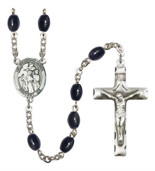 Guardian Angel w/ Children Rosary, 8x6mm Black Onyx Beads, Silver Plate, # 13767