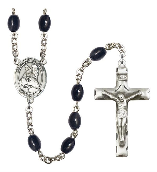 Guardian Angel Protector Rosary, 8x6mm Black Onyx Beads, Silver Plate, # 13768