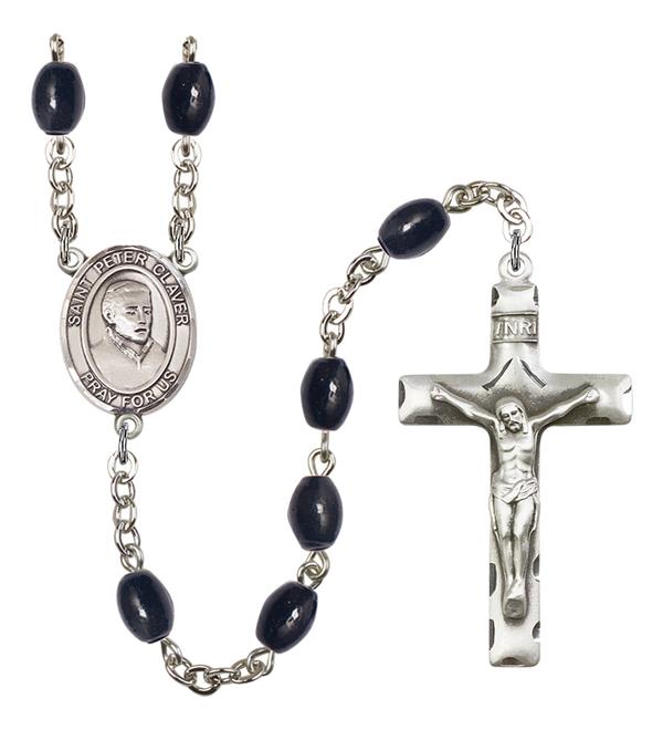 St. Peter Claver Rosary, 8x6mm Black Onyx Beads, Silver Plate, # 13770