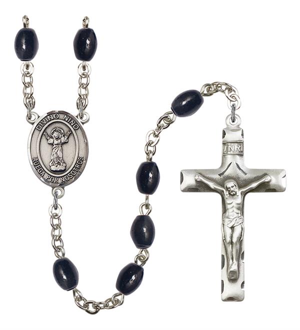 Divino Nino Spanish Rosary, 8x6mm Black Onyx Beads, Silver Plate, # 13771