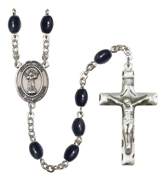 Divino Nino Spanish Rosary, 8x6mm Black Onyx Beads, Silver Plate, # 13771