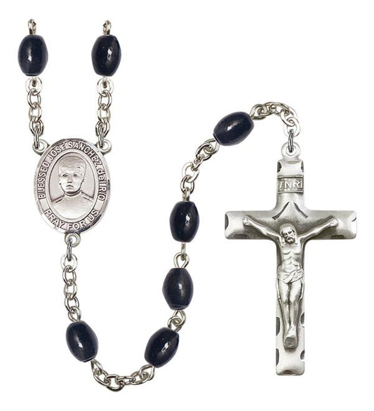 St. Jose Luis Sanchez Del Rio Rosary, 8x6mm Black Onyx Beads, Silver Plate, # 13774