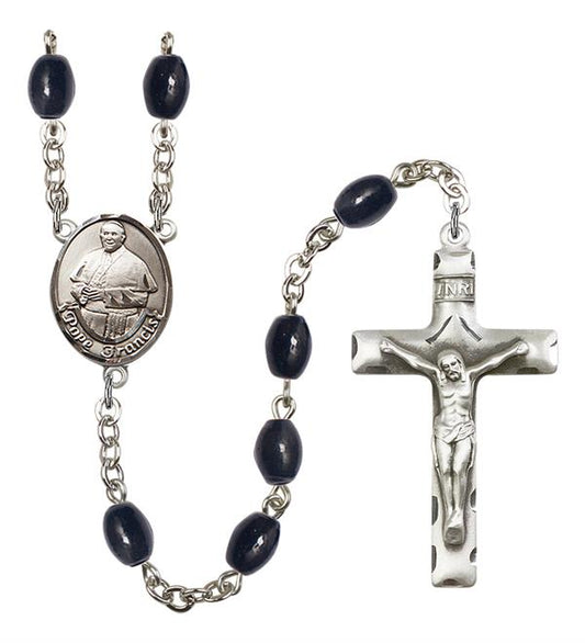 Pope Francis Rosary, 8x6mm Black Onyx Beads, Silver Plate, # 13779