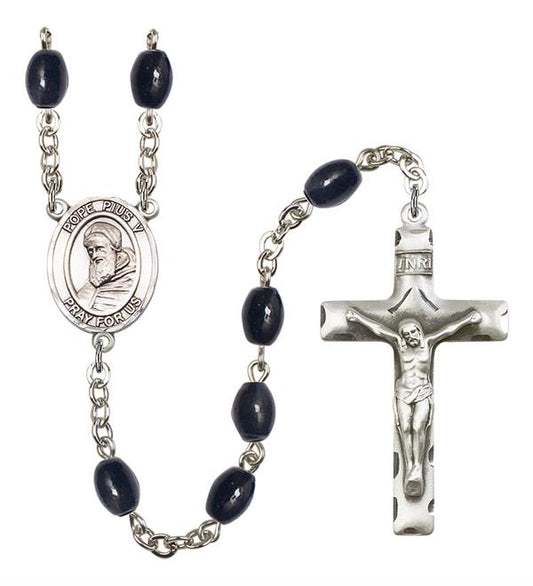 Pope Pius V Rosary, 8x6mm Black Onyx Beads, Silver Plate, # 13780