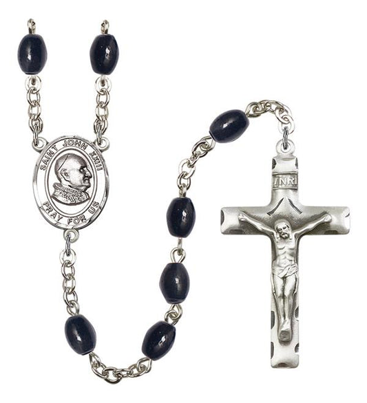 St. John XXIII Rosary, 8x6mm Black Onyx Beads, Silver Plate, # 13781