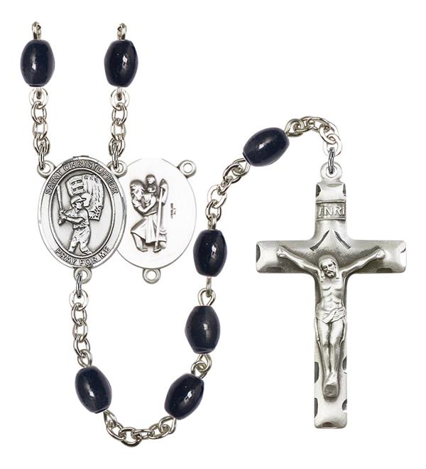 St. Christopher / Baseball Rosary, 8x6mm Black Onyx Beads, Silver Plate, # 13782