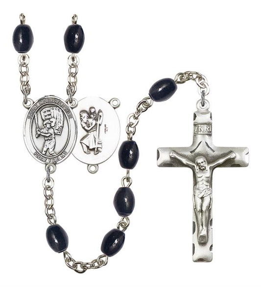 St. Christopher / Baseball Rosary, 8x6mm Black Onyx Beads, Silver Plate, # 13782