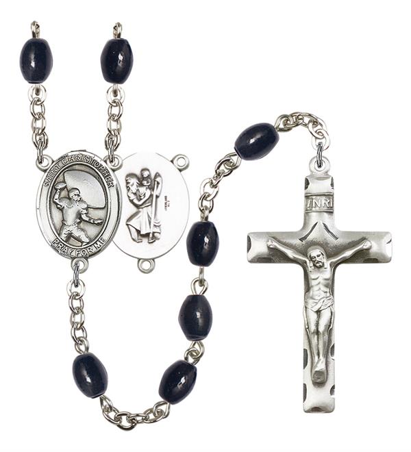 St. Christopher / Football Rosary, 8x6mm Black Onyx Beads, Silver Plate, # 13783