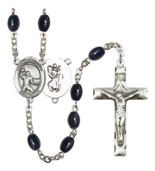 St. Christopher / Football Rosary, 8x6mm Black Onyx Beads, Silver Plate, # 13783