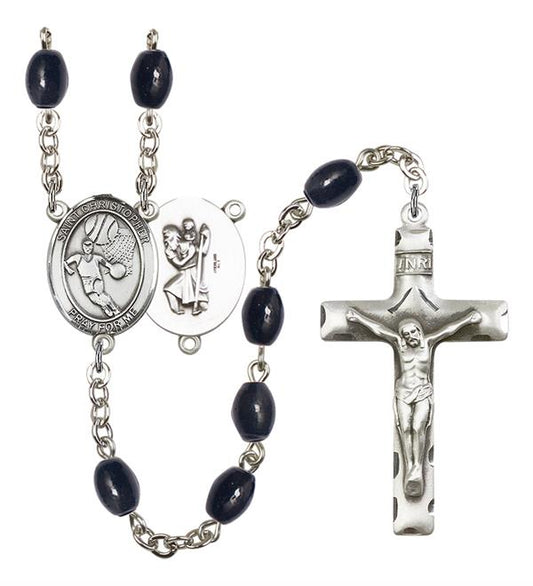 St. Christopher / Basketball Rosary, 8x6mm Black Onyx Beads, Silver Plate, # 13784