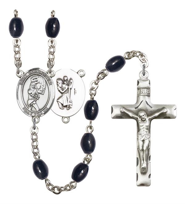 St. Christopher / Softball Rosary, 8x6mm Black Onyx Beads, Silver Plate, # 13789