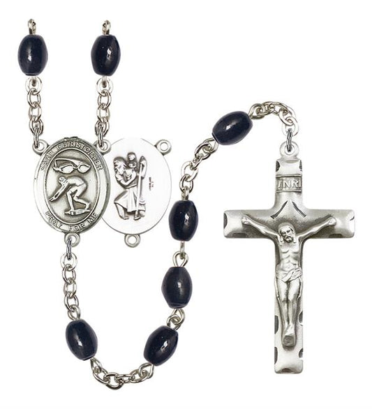 St. Christopher / Swimming Rosary, 8x6mm Black Onyx Beads, Silver Plate, # 13793