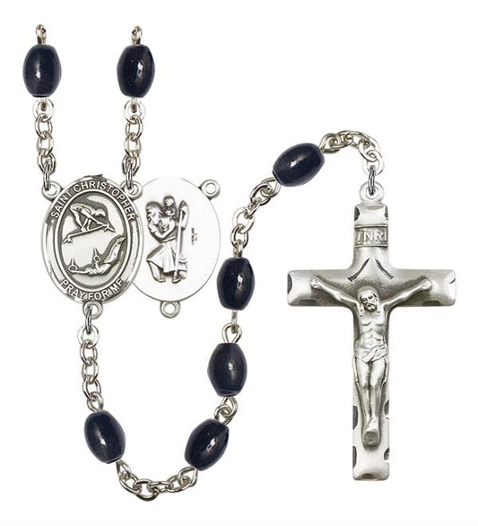 St. Christopher / Gymnastics Rosary, 8x6mm Black Onyx Beads, Silver Plate, # 13795