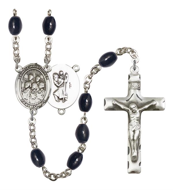 St. Christopher / Choir Rosary, 8x6mm Black Onyx Beads, Silver Plate, # 13796