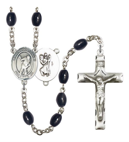 St. Christopher / Lacrosse Rosary, 8x6mm Black Onyx Beads, Silver Plate, # 13798