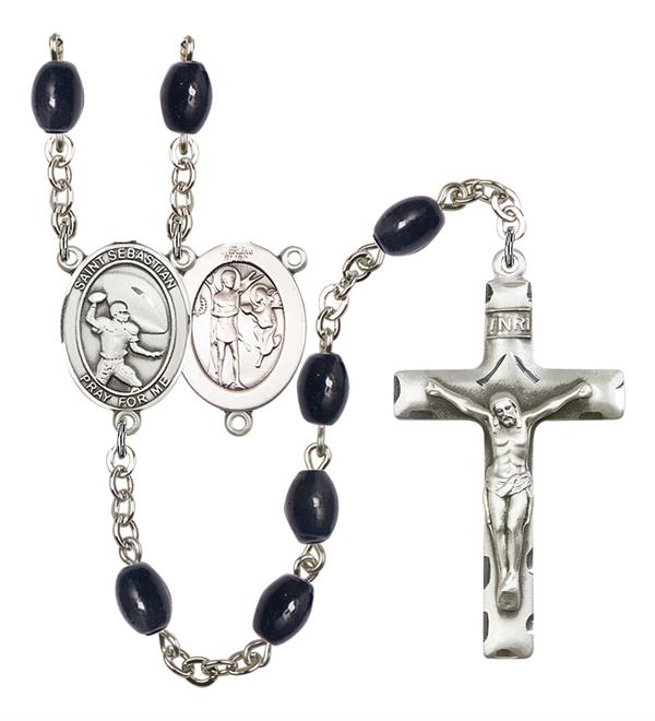 St. Sebastian / Football Rosary, 8x6mm Black Onyx Beads, Silver Plate, # 13800