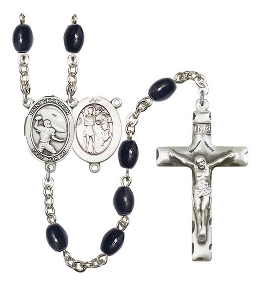 St. Sebastian / Football Rosary, 8x6mm Black Onyx Beads, Silver Plate, # 13800