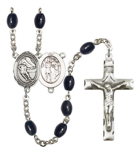St. Sebastian / Hockey Rosary, 8x6mm Black Onyx Beads, Silver Plate, # 13803