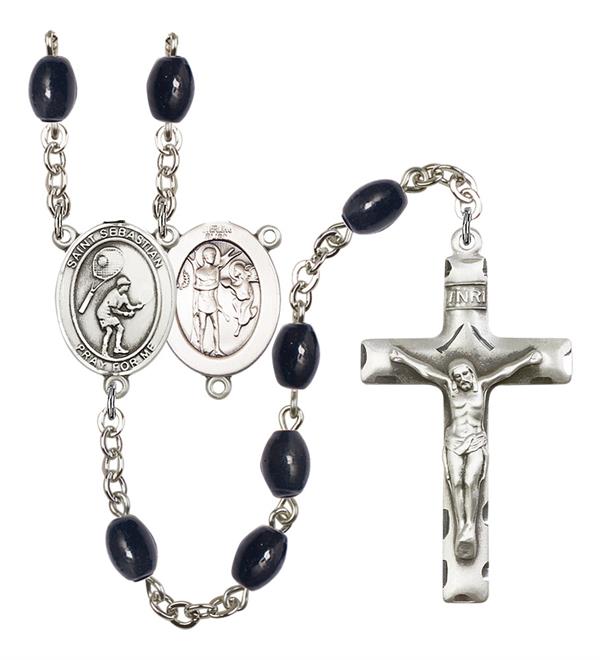 St. Sebastian / Tennis Rosary, 8x6mm Black Onyx Beads, Silver Plate, # 13804
