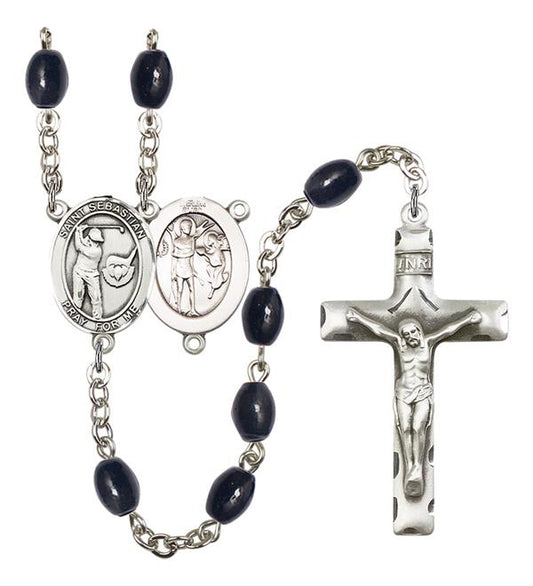 St. Sebastian / Golf Rosary, 8x6mm Black Onyx Beads, Silver Plate, # 13806