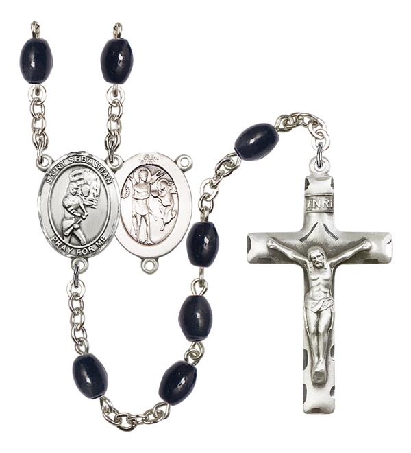 St. Sebastian / Softball Rosary, 8x6mm Black Onyx Beads, Silver Plate, # 13807