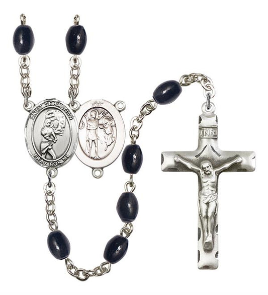 St. Sebastian / Softball Rosary, 8x6mm Black Onyx Beads, Silver Plate, # 13807